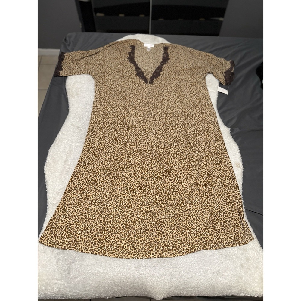 Oscar De La Renta Pink Label Leopard Print Nightgown Lace Trim Plus 1X NWT